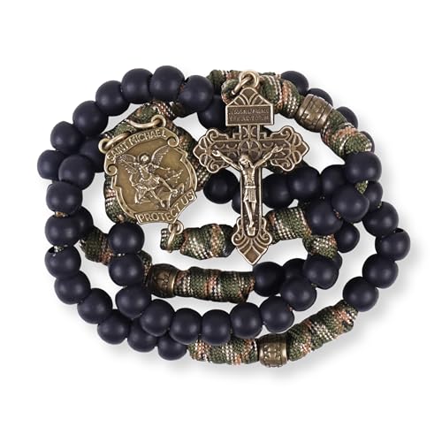 Nazareth Store Black Beads Khaki Brown Paracord Rosary Rugged Beaded Necklace Strong Cord St.Michael Medal Pardon Cross