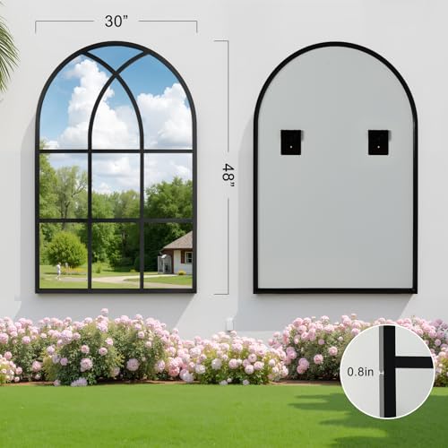 Image of Arched Window pane Wall Mirror 30 inchx48 inch, Window Shaped Farmhouse Style with Aluminum Frame, Decorative Wall Mirror Leaning Hanging for Living Room, Courtyard, Bedroom, Entryway, Black