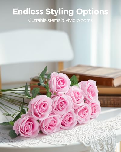 Image of InnoGear 50 Pcs Pink Roses Artificial Flowers, Fake Velvet Silk Rose Bulk Faux Flower for Decoration DIY Wedding Centerpieces Proposal Bridal Bouquets Shower Party Home Floral Decor (50, Pink)