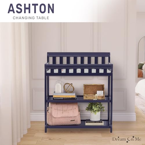 Image of Dream On Me Ashton 2-in-1 Changing Table & Nightstand in Navy- Solid New Zealand Pinewood, Safety Rails, Spacious Storage Shelves & Water-Resistant Changing Pad, Converts to Nightstand