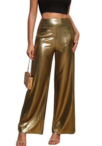 heipeiwa Women's Metallic Wide Leg Palazzo Pants Rib Pleated Smocked Waist Party Club Sequin Slacks Pant