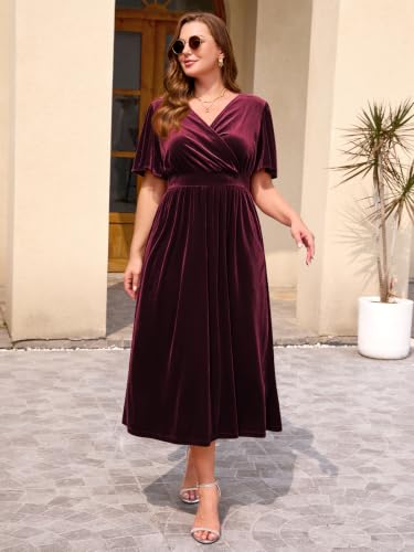 Image of BELAROI Velvet Dress Cocktail Party Plus Size Fall Midi Dresses with Pockets Wrap V Neck Empire Waist Short Sleeve L-4XL