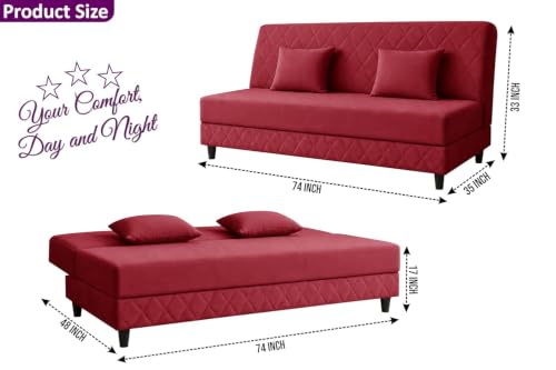 Image of Deco Studio 3 Seater Sofa Bed | Premium Upholstered Velvet Fabric Folding Couch for Living Room, Guest Room & Bedroom | Quilted Backrest with 2 Cushions (Red)