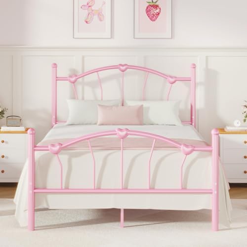 IMMERSTABLE Twin Bed Frames, Bed Frame Twin with Headboard, Heart-Shaped Decorative Headboard and Footboard, Heavy Duty Metal Slat Support, No Box Spring Needed, Noise-Free, Pink