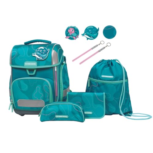 Schneiders Ergolite Aqua Love Mädchen Schultasche - 9-teiliges Set, Orthopädisch geprüft, mit LED-Leuchtstäben, nachhaltig & ergonomisch