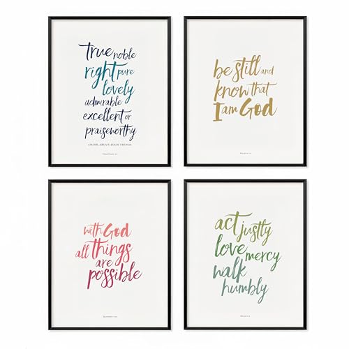Scriptionery Scripture Wall Art Brush Calligraphy Bible Verse Prints Set of 4 Christian Home Decor for Living Room Bedroom Office Unframed 8x10 Color