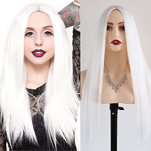 OHENGDA Long Straight White Wigs Synthetic None Lace Wigs Cheap Synthetic Hair Wigs for Black Women Daily Wear Silky Heat Resistant Fiber 22 Inches