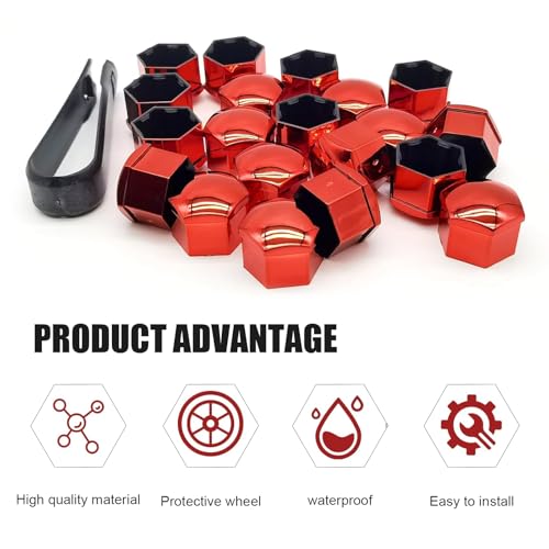 Image of Shakas 20 PCS 17 mm Tire Screw Cap, Thickened PP Plastic Rustproof Surface Smooth Hexagonal Hubcap with Extractor Clip Kit, Decorative Tuning Accessory for Most Cars and Motorcycles (Red)