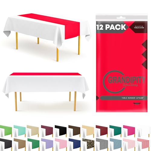 Red 12 Pack Premium Disposable Plastic Table Runner 14 x 108 Inch. Table Runner for Dinner Parties & Events by Grandipity