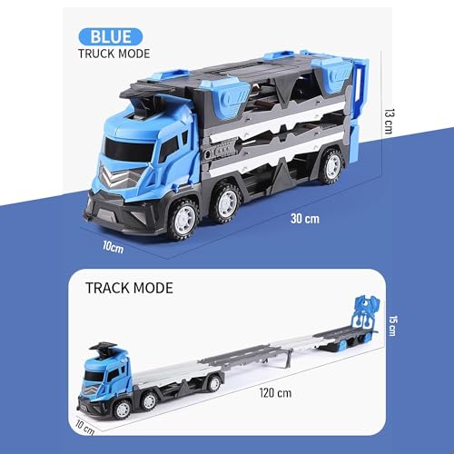 Image of Kidology Car Carrier Truck Toy Set - Mega Hauler Race Track with Ejection - 4 Mini Racing Cars - Folding Storage Truck Toy for Kids - Boys & Girls Toy for 3+ Years Old (Mega Hauler Truck - Blue)