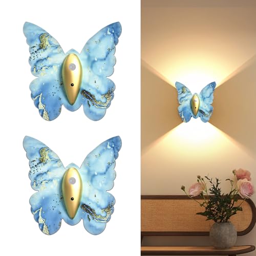 Image of Eneru Motion Sensor Wall Sconce Set of 2, Rechargeable Wall Lights, Indoor | 5000mAh Battery Operated Wall Sconces, Magnetic Butterfly Motion Night Light for Hallway Stair Closet Pantry, Blue & Gold