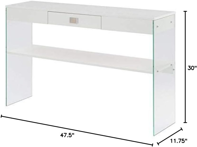 Pemberly Row Modern Console Table, Clear Glass and White Wood Top, One Drawer, Two Shelves, 47.5 x 11.75 x 30 in, Durable Particle Board, Contemporary Entryway, Living Room, or Hallway Table