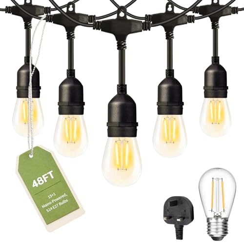 ROMANJOY 48FT Outdoor LED String Lights Mains Powered Linkable Festoon Lights with 15+1 Shatterproof 2W S14 E27 Bulbs Warm 2700K for Outside Garden/Patio/Backyard/Cafe/Bistro/Wedding