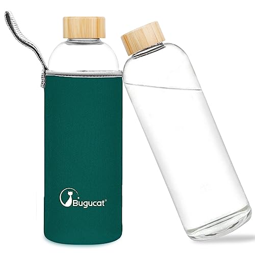 Bugucat Borosilicate Glass Water Bottle 1000ML, Reusable with Protective Sleeves and Leak-Proof Lid, 1 Litre Glass Drinking Bottle for Hot & Cold Drinks, Dark Green