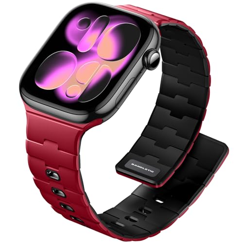 [Bandletic] アップルウォッチ用 バンド - マグネット式シリコン N54磁石バンド 対応42mm(Series 11/10) 41mm(Series 9/8/7) 40mm(Series SE3/SE2/SE/6/5/4) 38mm(Series 3/2/1) 男女兼用 スポーツ用 軽量 レッド/ブラック