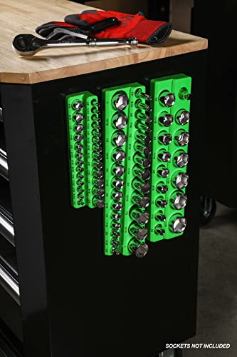 Image of ARES 60037 - 3-Piece SAE Magnetic Socket Organizers Set - GREEN - Includes 1 /4 in, 3 /8 in, 1 /2 in Socket Holders - Holds 68 Standard (Shallow) and Deep Sockets - Also Available in RED