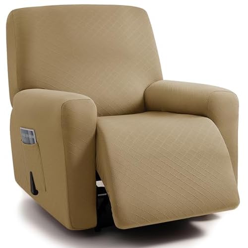 ULTICOR Squared Jacquard Design, 4-Piece, 1 Seat Recliner Cover, Reclining Chair Covers for 1 Cushion Reclining Sofa, Single Seat Recliner Couch Cover, Washable (Recliner Cover, Sand)