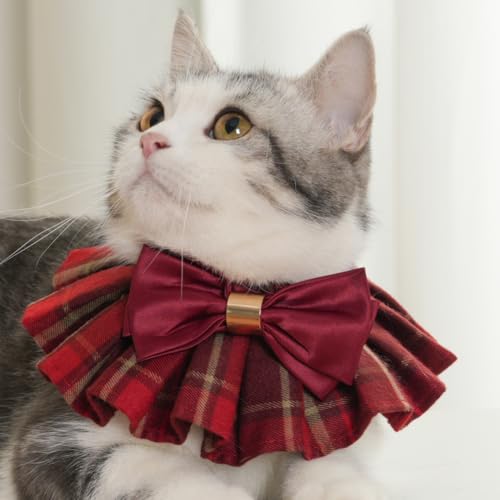 Lovelyshop pet Serial Lux Orange Red Tartan Dog/Cat Scarf with Burgundy Big Bowtie for Chirstmas Valentine Holiday Pet Costume-X Small Size