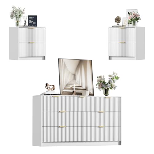 Image of 3 Piece Modern Bedroom Set, 7 Drawer Dresser with 2 Nightstands, White