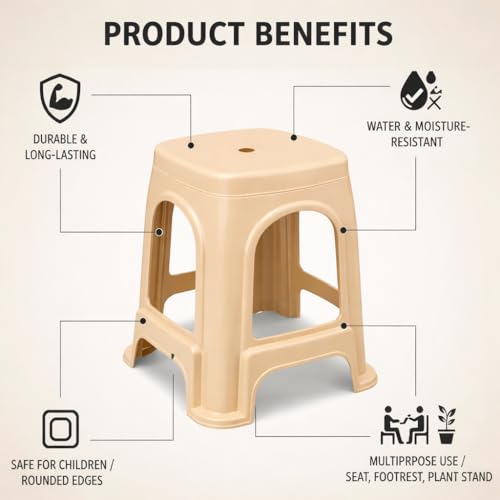 Image of PulGos Pack of 1 Beige Plastic Sitting Stool for Home, Office & Outdoor Use | Compact, Lightweight & Durable Stool for Adults & Kids | Use as Footrest, Side Table, Extra Seating for Living Room