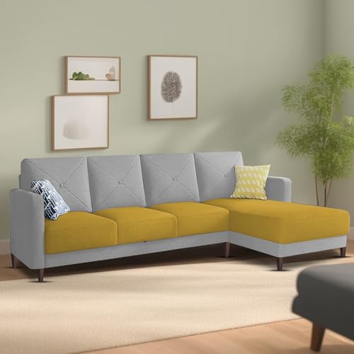 Image of Baloney RHS 6 Seater L Shape Sofa Set for Living Room (Yellow Grey Fabric) Premium Fabric Sofa