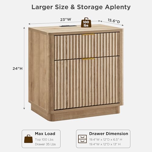 image for T4TREAM 23'' Fluted Nightstand with Charging Station, Large 2 Drawer B