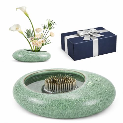 Flower Frog Vase Kit Japanese-Inspired Arita-Style Glazed Ceramic Ikebana Vase with Kenzan & Gift Box for Floral Arranging Home & Office Decor Relaxing Ambience (Green Small)