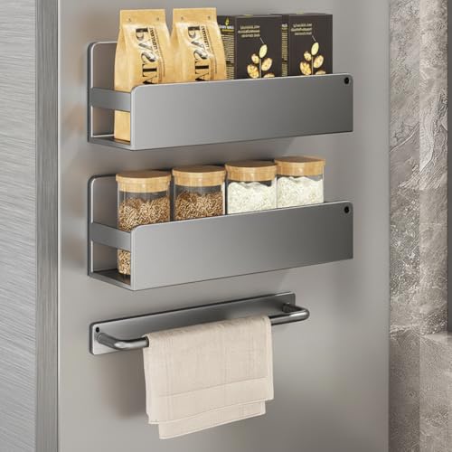 マグネット ラック キッチン 収納 調味料ラック 冷蔵庫側 洗濯機 ステンレス鋼 + 炭素鋼 隙間収納 防水防錆 スパイスラック3段式 ブラック 耐荷重10kg