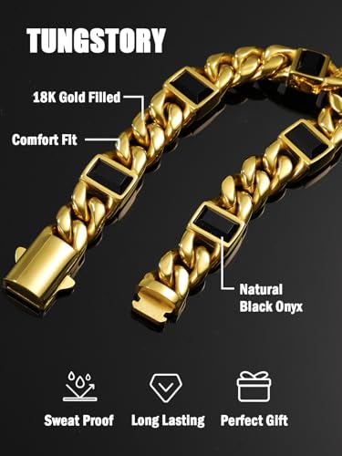 Pulsera Cuban Link 18K Oro 12mm con Onyx Negro 8in miniatura 4