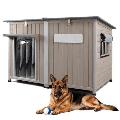 55" L Extra Large Dog House Outdoor with Window, XL Dog House Pet Shelter for Large Breed with Anti-Chewing Frame, Openable Roof, Removable Floor, 10 Support Feet for Medium to Large Dogs