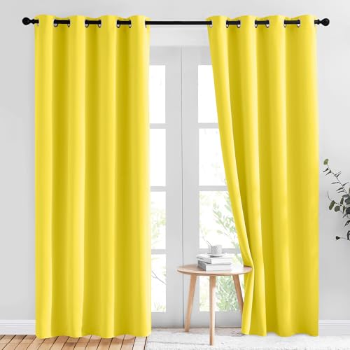 NICETOWN Bright Yellow Blackout Curtains 84 inch Long for Bedroom - Thermal Insulated Solid Grommet Light Blocking Window Curtains & Drapes for Living Room (2 Panels 52 x 84 Inch Bright Yellow)