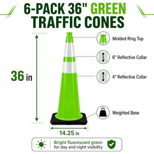 Image of BESEA 6 Pack 36 Inch Green Traffic Cones with Wide Weighted Base