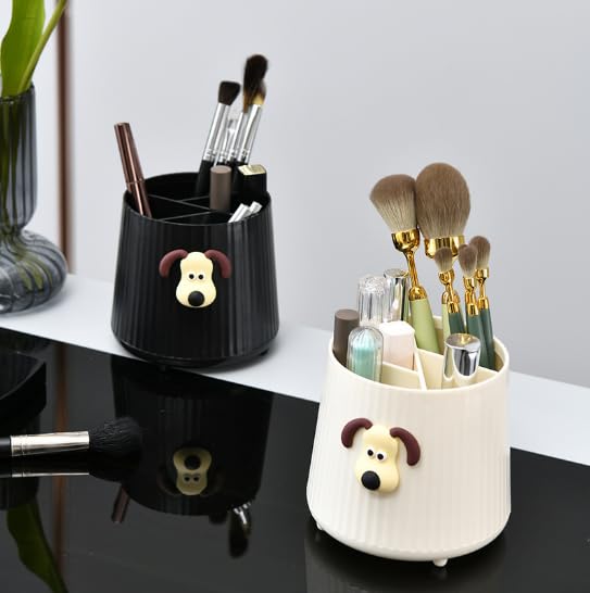 Image of AccuPrints Sumiko Plastic Desk Organiser Pen Holder with Dog Design, Semicircular Shape, 11.5 x 10.5 cm, 4 Compartments, Matte Finish (White)