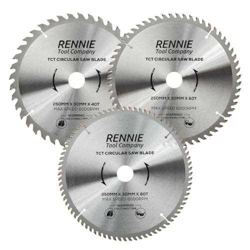 (PACK OF 3) 250mm x 30mm x 40T 60T & 80T TCT Circular Wood Saw Blades Includes 25mm 20mm & 16mm Bore Reduction Rings. Compatible with Bosch Makita Dewalt Circular Saw Etc. Fits 255mm Circular Saws