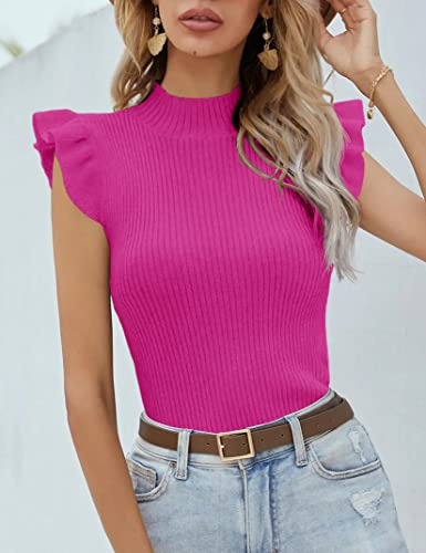 Womens Mock Neck Sweater Vest Sleeveless Ribbed Knit Tank Tops Rose Red #TOP2