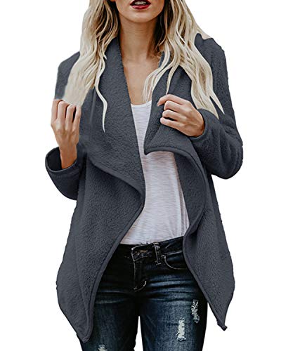 ACHIOOWA Winter Cardigans Fleece Sweater Coat Warm Wool Lapel Coat Open Front Jacke Grey M