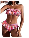 MakeMeChic Women's Floral Bikini Bandeau Swimsuit Ruffle Tiered Strapless Bathing Suit Hot Pink Large