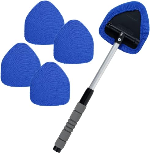 Sutowe Car Windscreen Cleaner Brush, Extendable Car Window Cleaner with 5 Reusable Microfiber Pad, 180° Rotating Head Telescopic Anti-fog Auto Windshield Cleaning Kit for Fog Moisture Removal (blue)