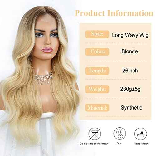 Halcyon Blonde Wig For Women 26 Inch Long Honey Blonde Wavy Wig Middle Part Natural Looking Synthetic Heat Resistant Fiber Wigs For Daily Party Use (Blonde) #TOP1