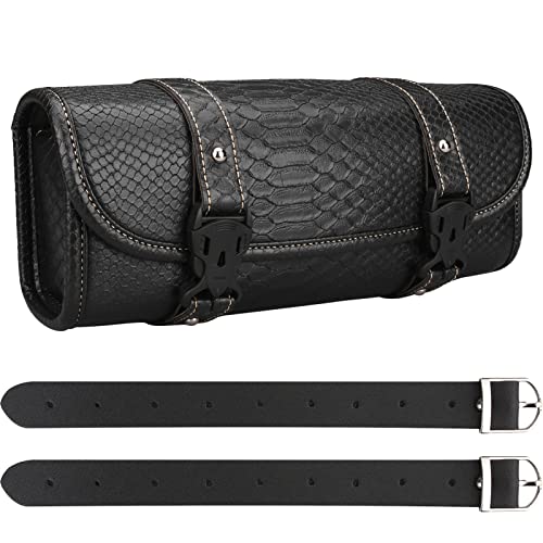 Neween Motorcycle Tool Bag, Motorcycle Fork Bag PU Leather Universal Saddlebag Front Fork Handlebar Sissybar Storage Roll Pouch for Sportster, Scooter (Large, Black Crocodile)