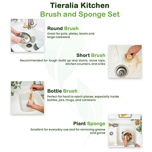 Tieralia 5 Piece All-In-1 Eco-Friendly Kitchen Cleaning Set | Bamboo Dish Brushes & Compostable Sponges | Dish Brush Set | Dish Brush #TOP5