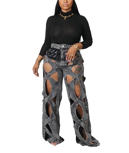 Sexyshine Women's Hollow Out Baggy Jeans Y2k High Waist Criss Cross See Through Straight Wide Leg Denim Pants3