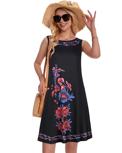 Image of Summer Dresses for Women Beach Boho Sleeveless Vintage Floral Flowy Pocket Tshirt Tank Sundresses 2026