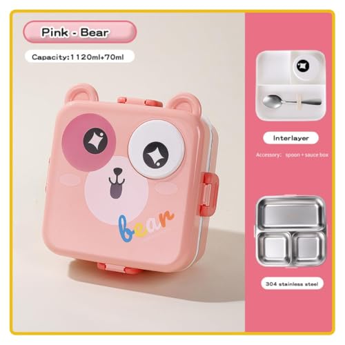 Image of YELONA 2-Layer Cartoon Shape Kids Lunch Box | Stainless Steel Inner, 3 Compartments | Airtight Leak-Proof BPA-Free Meal Box | 1120 ML + 70 ML Sauce Cup | School, Picnic Tiffin for Girls & Boys