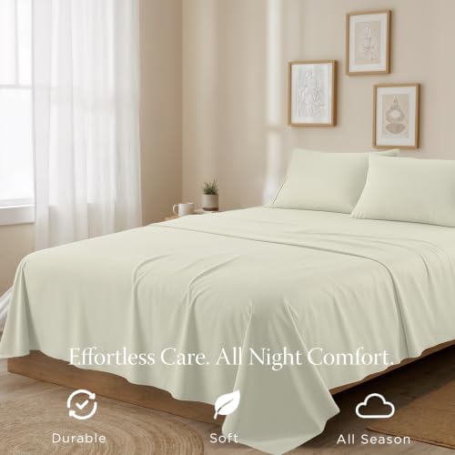 Image of Threadmill 300 Thread Count Cotton Full Sheet Set, Sateen, Solid, Ivory | 100% Cotton, Sateen Weave, 4-Piece Set, 16 inch Deep Pocket, All-Around Elastic, Cooling, Breathable, OEKO-TEX Certified
