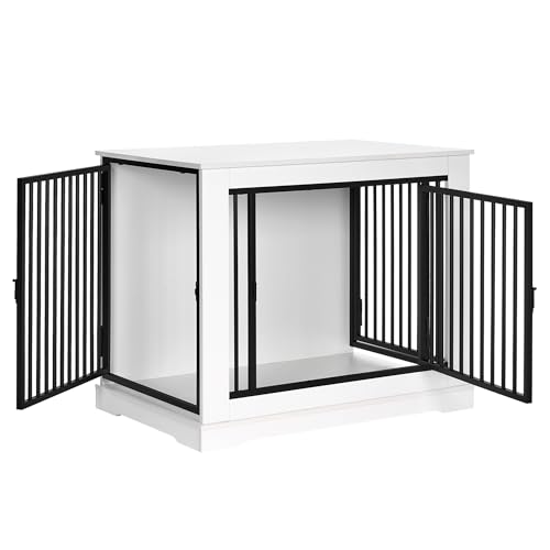 BEWISHOME Hundekäfig Möbel,3 Türen,Moderne Hundebox für Zuhause,Hundekäfig für Zuhause Holz Indoor für kleine/mittlere Hunde,Beistelltisch,81x55x67.5cm,Weiß EMGL03W