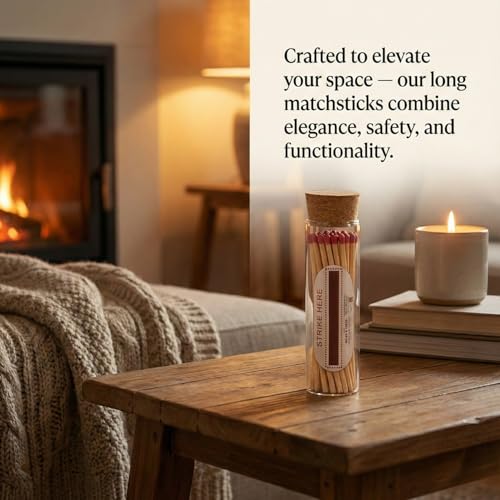 Image of Sage & Herbs Long 35 Matchsticks in a Borosilicated Cork Jar | For Fireplace, Kitchen, Home Temple | Long Burn Time Matcsticks (Red, Extra Long)