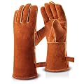 OZERO 932°F Heat Resistant Gloves: Upgraded Thicker 14-Inch Cowhide Leather Welding Gloves for Men Women, EN388 EN407 Certified, Reinforced Palm, Insulated Lining, Long Cuff for BBQ Grill Oven, Brown