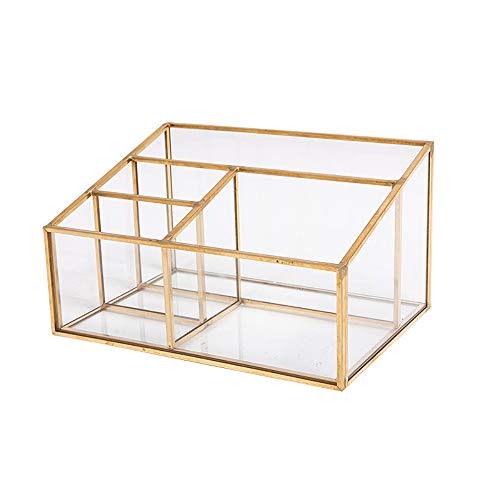 SLHEQING Organizer per trucchi, stile vintage, in metallo e vetro Organizzatore di trucco, Contenitori per cosmetici (Oro B)