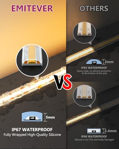 Image of EMITEVER Warm White COB Strip Light 2700K 16.4ft,IP67 Waterproof,Dimmable